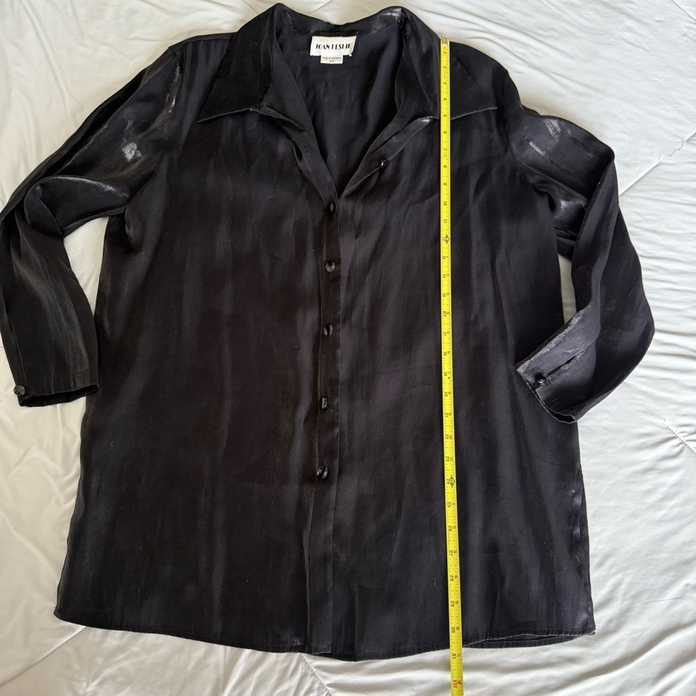 Joan Leslie Women's Black Satin Silky Button Down Shirt Gem Buttons - Picture 2 of 12